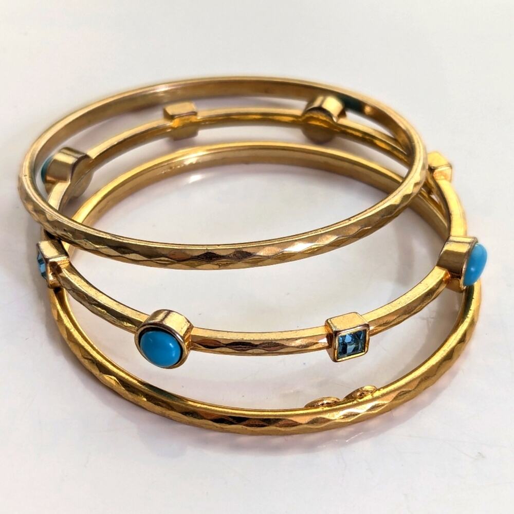 R.J. Graziano Hammered Gold Tone Faux Turquoise Rhinestone Bangle Bracelet Set